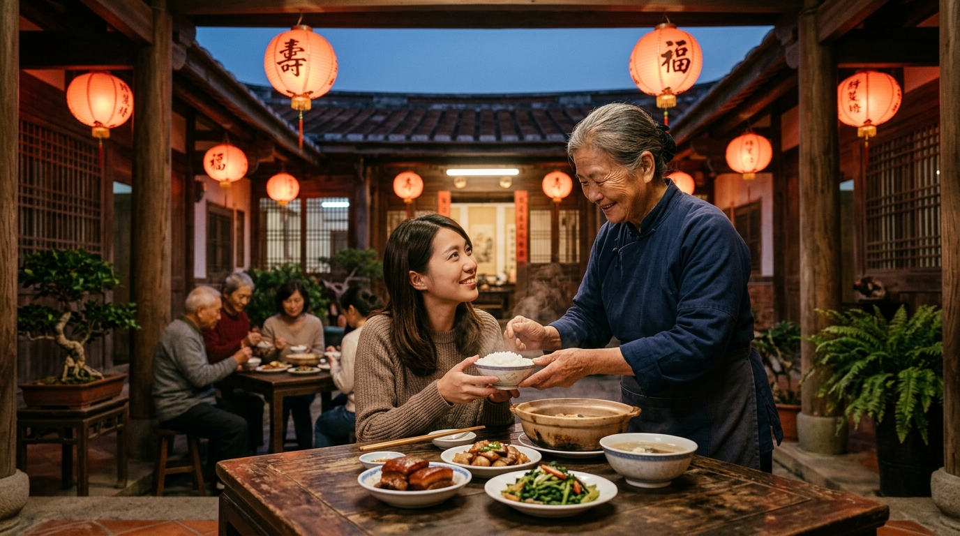 溫馨傳統四合院、紅燈籠光影與熱氣騰騰餐食遞送